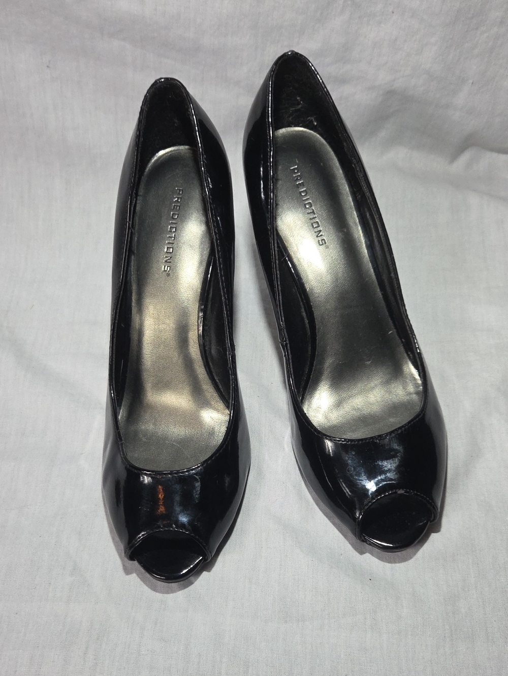 PREDICTIONS Black Peep Toe 7.5 High Heel Man-Made Leather Open Toe Womens 7 1/2